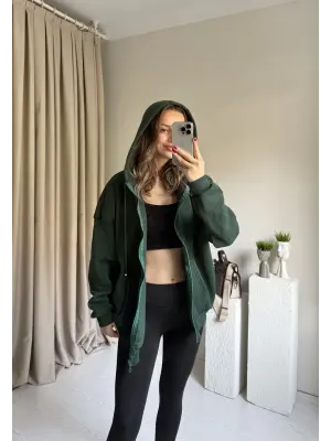 Yeşil Unısex Basic Kapüşonlu Hırka