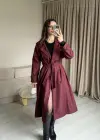 Bordo Düğme Detaylı Uzun Trençkot
