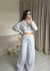 Gri Dantel Detaylı Crop Hırka Takım