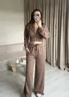 Kahve Dantel Detaylı Crop Hırka Takım