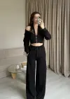 Siyah Dantel Detaylı Crop Hırka Takım