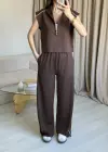 Kahve Yarım Fermuarlı Eşofman Takım