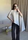 Bej Asimetrik Vatkalı Modal Bluz