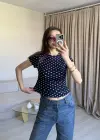 Lacivert Puantiyeli Basic Kısa Kol Bluz