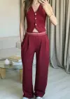 Bordo Broş Düğme Detaylı Takım