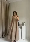 Açık Kahve Askılı Keten Elbise