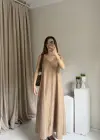 Açık Kahve Askılı Keten Elbise