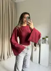 Bordo Belden Oturtmalı Yarasa Kol Bluz