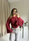 Bordo Belden Oturtmalı Yarasa Kol Bluz