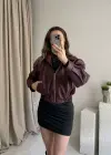 Bordo Beli Lastikli Deri Ceket
