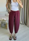 Bordo Keten Yıkamalı Balon Pantolon