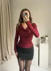 Bordo Şal Yaka Büzgülü Bluz