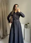 Denim Maxi Boy Kuşaklı Elbise