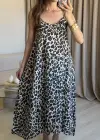 İnce Askılı Açık Renk Leopar Elbise
