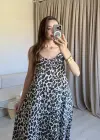 İnce Askılı Açık Renk Leopar Elbise