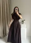 Kahve Bel Detaylı Vatkalı Elbise