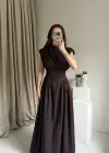Kahve Bel Detaylı Vatkalı Elbise