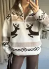 Kahve Geyik Desenli Peluş Kazak