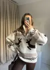 Kahve Geyik Desenli Peluş Kazak