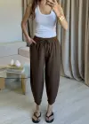 Kahve Keten Yıkamalı Balon Pantolon