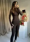 Kahve Lastik Geçirmeli Vatkalı Tayt Takım