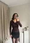 Kahve Şal Yaka Büzgülü Bluz