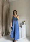 Mavi Askılı Keten Elbise