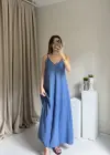 Mavi Askılı Keten Elbise