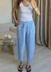 Mavi Keten Yıkamalı Balon Pantolon