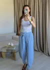 Mavi Keten Yıkamalı Balon Pantolon