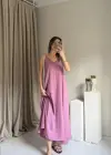 Pembe Askılı Keten Elbise