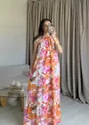 Pembe/Turuncu Boyundan Bağlamalı Elbise
