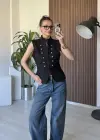 Siyah Apoletli Denim Yelek
