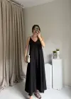 Siyah Askılı Keten Elbise