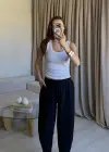 Siyah Keten Yıkamalı Balon Pantolon