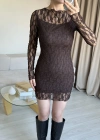 Kahve Astarlı Dantel Elbise