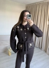 Kahve İşlemeli Yün Ceket