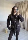 Kahve İşlemeli Yün Ceket
