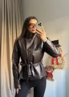 Kahve Kuşaklı Deri Ceket