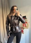 Kahve Kuşaklı Deri Ceket
