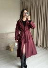 Bordo Düğme Detaylı Uzun Trençkot