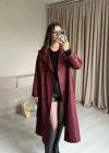 Bordo Düğme Detaylı Uzun Trençkot