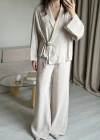 Krem Broşlu Pantolon Takım