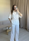 Beyaz Zincir Detay Pantolon Takım