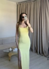 Sarı Kalın Askı Yırtmaçlı Elbise