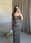 Leopar İnce Askılı Maxi Elbise