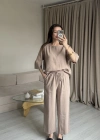 Koyu Bej Tencel Bluz Pantolon Takım