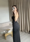 Siyah Puantiye İnce Askılı Maxi Elbise