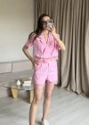 Pembe Keten Dantelli Şort Takım