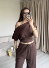 Kahve Bel Detay Düşük Omuz Takım